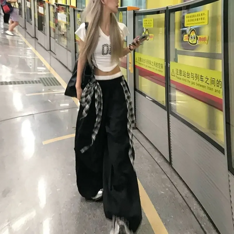 Y2K الأمريكية الأسود الرجعية الهيب هوب تقسم منقوشة حزام الساخن فتاة فضفاضة عادية عالية الخصر المرأة واسعة الساق التجفيف السريع Sweatpants