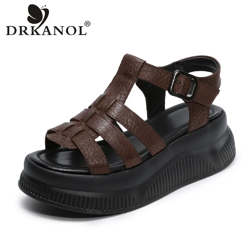 DRKANOL 2026 Summer Wedges Heel Sandals Women Genuine Cow Leather Chunky Platform Open Toe Retro Casual Roman Sandals H269182Z