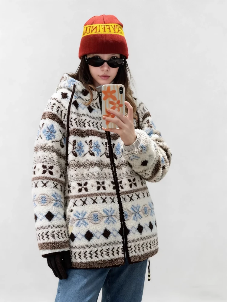 Vintage Ethnic Snowman Print Sherpa Jacket Women's Hooded Fleece Parkas Coat Retro Pattern Fluffy Winter Warm Outerwear