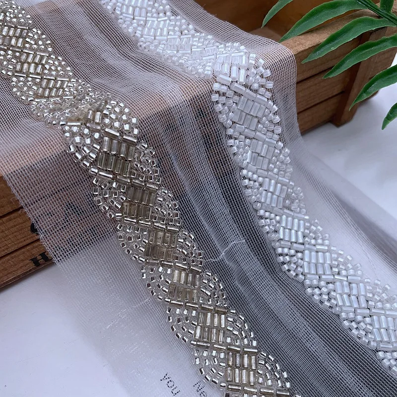 90cm White Gold Beaded Lace Trim Mesh Lace Ribbon Fabric Clothes Decoration Wedding Dress Collar Sleeve African Lace Applique