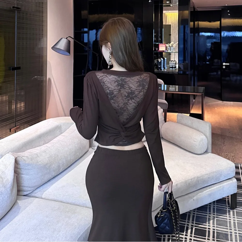 Set Dua Potong Rok Pinggang Tinggi Model Simpul Ele Long Sve T-irt Korea untuk Wanita, Mode Musim Gugur Musim Dingin Terbaru