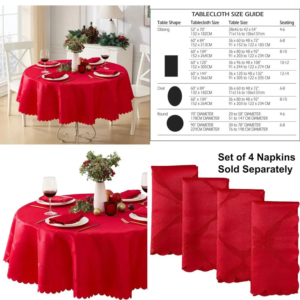 

90 Holiday Red Damask Tablecloth with Ribbons and Bows, Wrinkle & Stain Resistant, 90 Inch Round