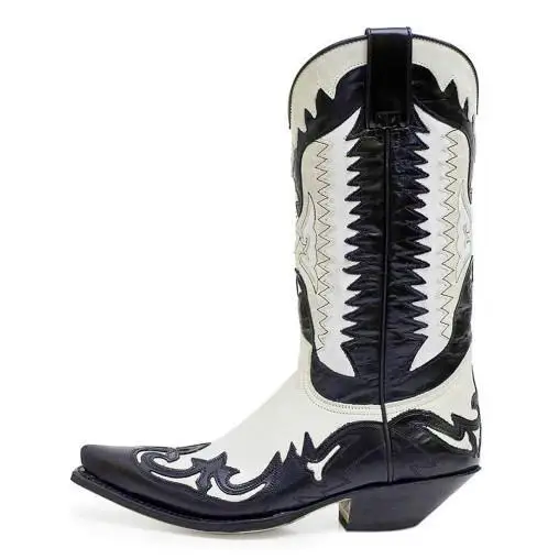 Black White Patchwork Wings Embroidery Men Mid Boots Wooden Chunky Heels Slip On British Boots for Man Vintage Botas Hombres