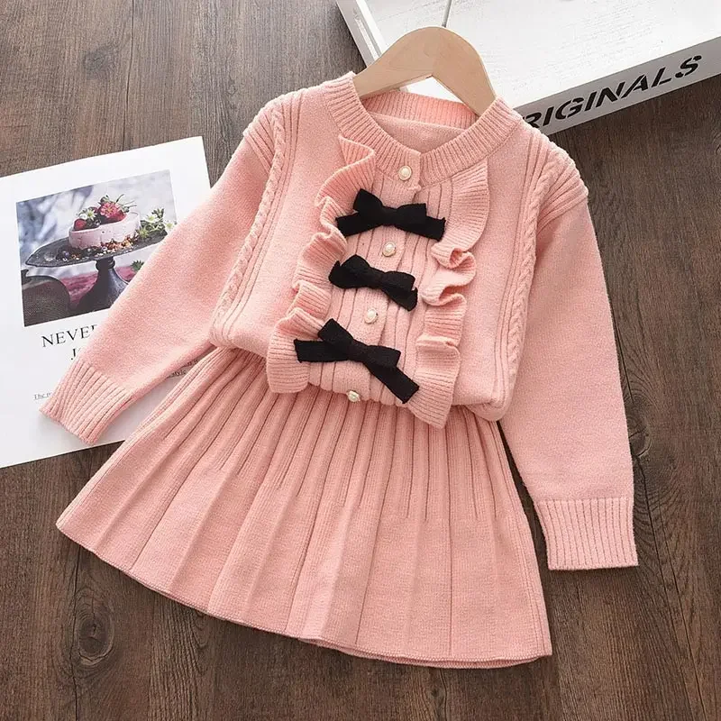 Baby Girls Bow Cute Clothing Suits New New Fashion Winter Knitted Sweaters And Skirt Outfits Princess Children Clothing 2-6Y