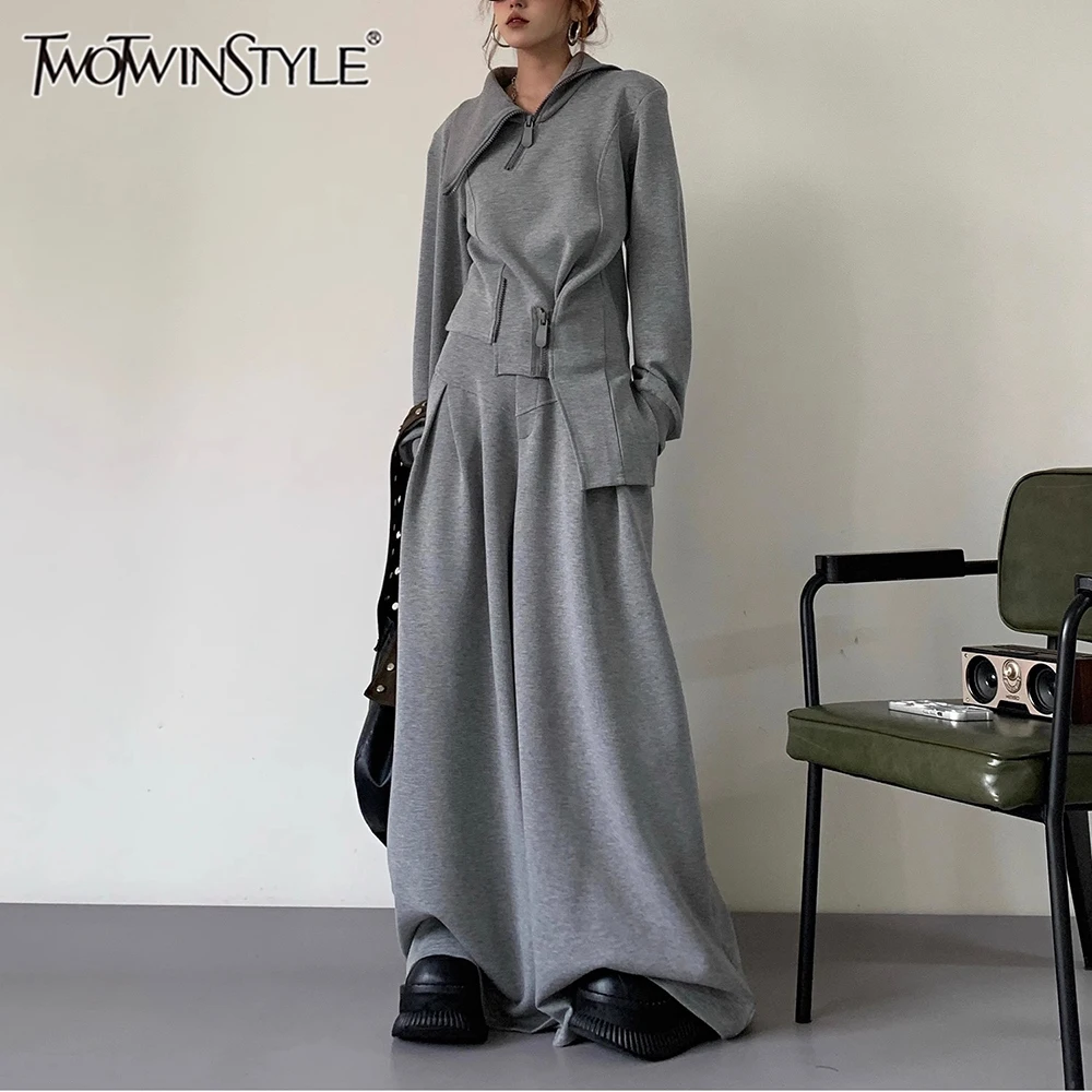 

TWOTWINSTYLE Solid Two Piece Set For Women High Neck Long Sleeve Spliced Zipper Top High Waist Wide Leg Pant Sets Female Fashion