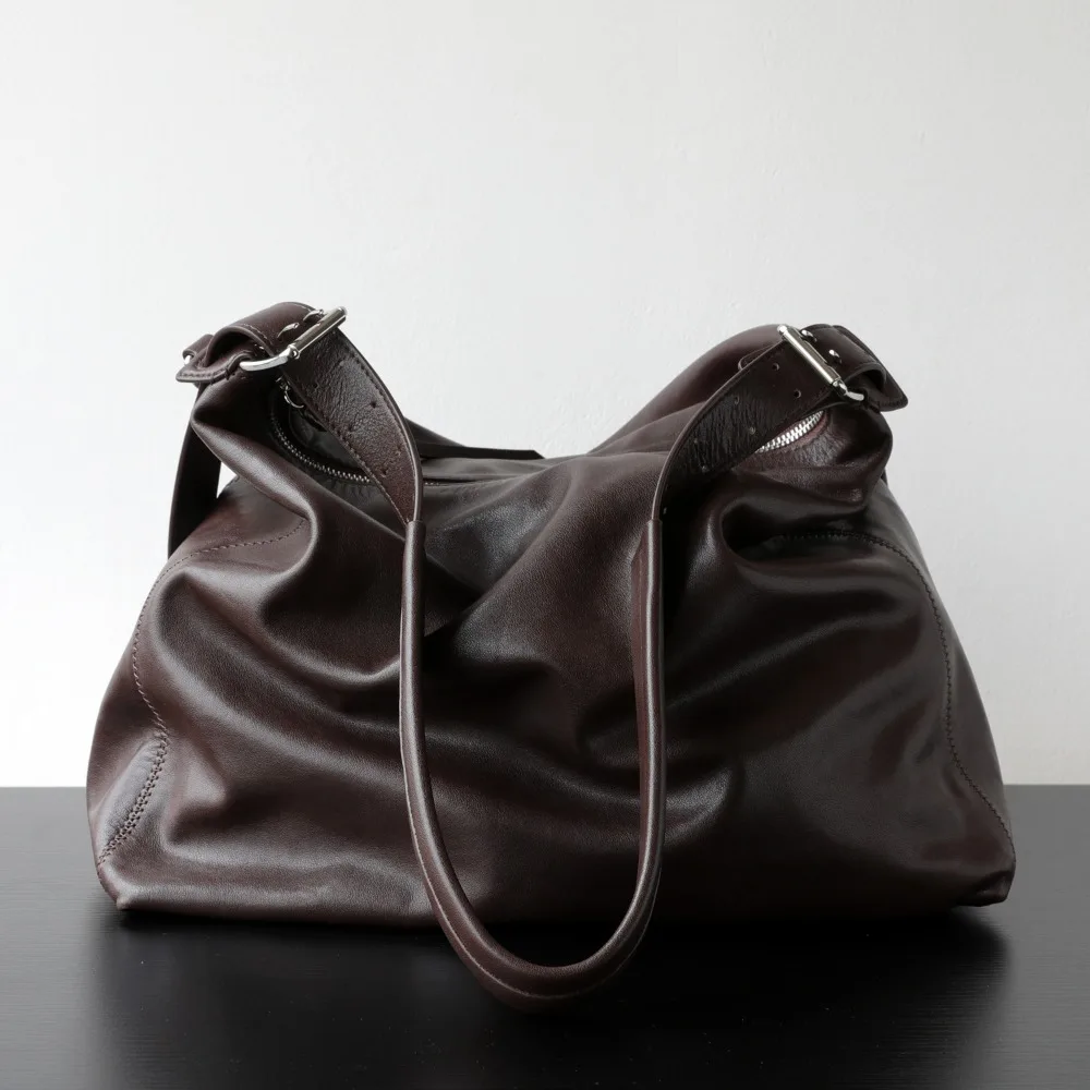 Niche Light Luxury Vegetable Tanned Cowhide Neutral Simple Wind Large Capacity Shoulder Bag Retro Versatile Lazy Messenger Bag