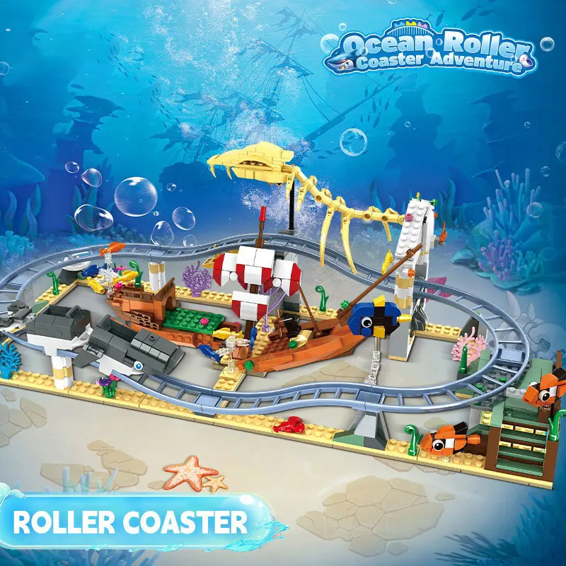 

MOC Underwater World Amusement Park Building Blocks Set Roller Coaster Water Train Marine Sharks Fish Toy Children Birthday Gift