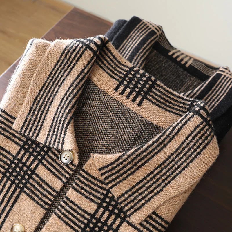 Autumn And Winter 100% Pure Wool Cardigan Men's Lapel Plaid Cardigan Joker Knitted Cashmere Sweater Coat