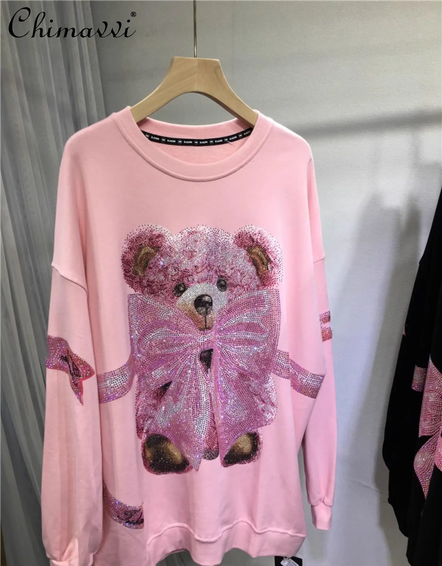 European Heavy Hot Diamond Sweatshirt Female Cute Bear Bow Round Neck Loose Mid-length Slim Cool Girl Pullover Hoodies Top