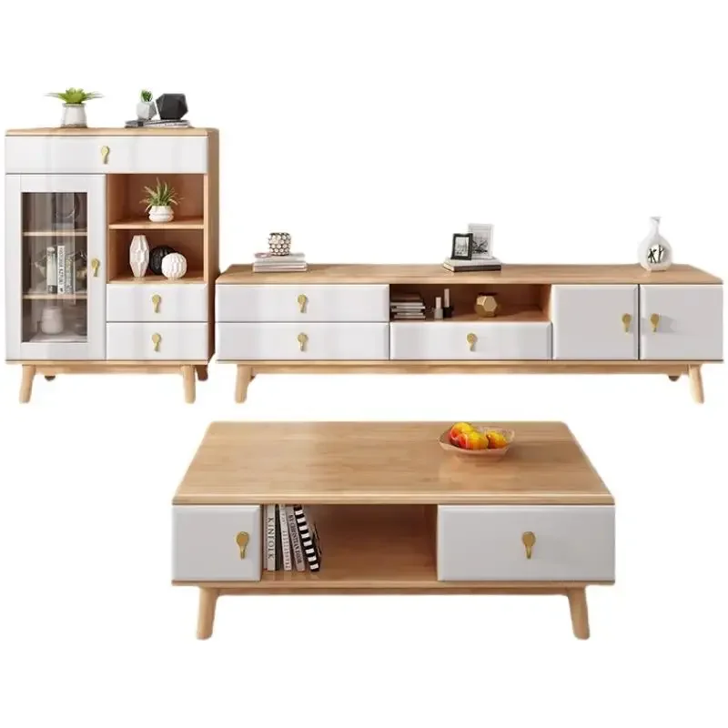 Nordic solid wood TV cabinet coffee table combination, modern simple small apartment living room household high cabinet