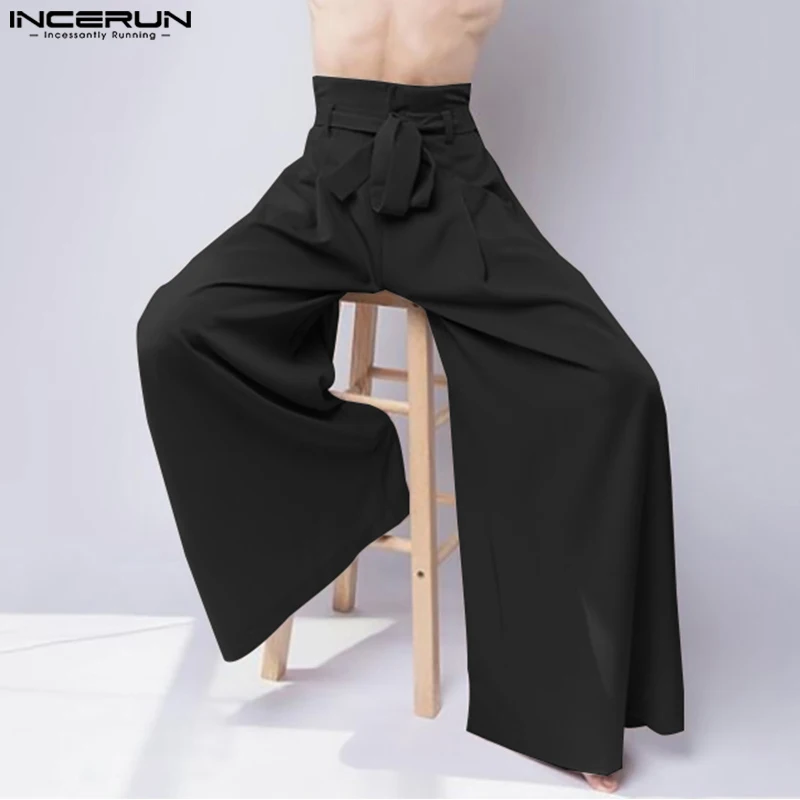 INCERUN-Pantalon à jambes larges pour hommes, couleur unie, taille haute, à lacets, streetwear, mode jogging, décontracté, 2024