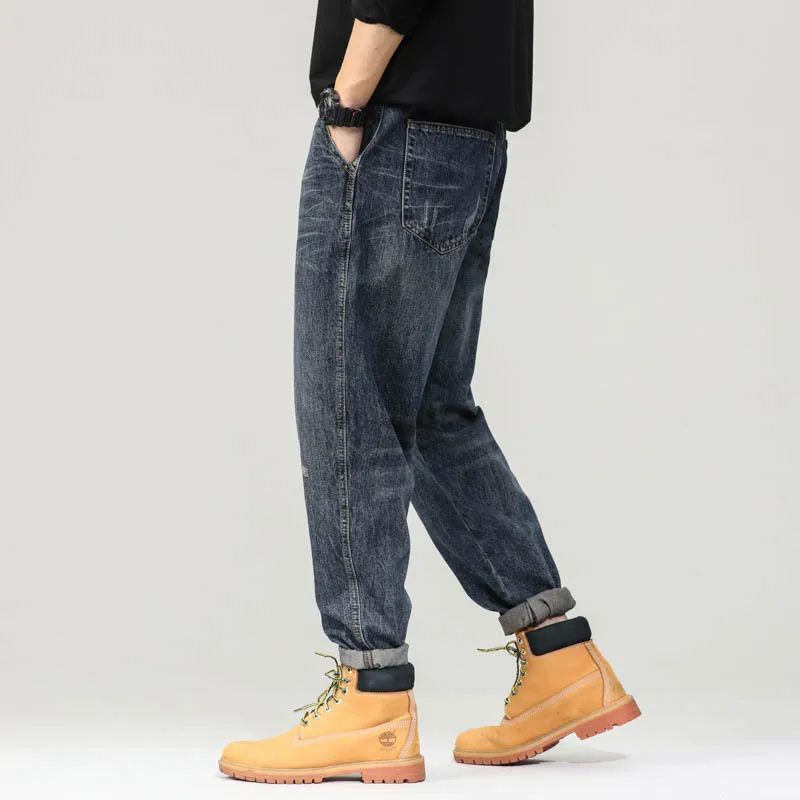 High quality long baggy jeans for men plus size ripped stone wash cotton denim vintage casual trousers new 2024 clothing - blue