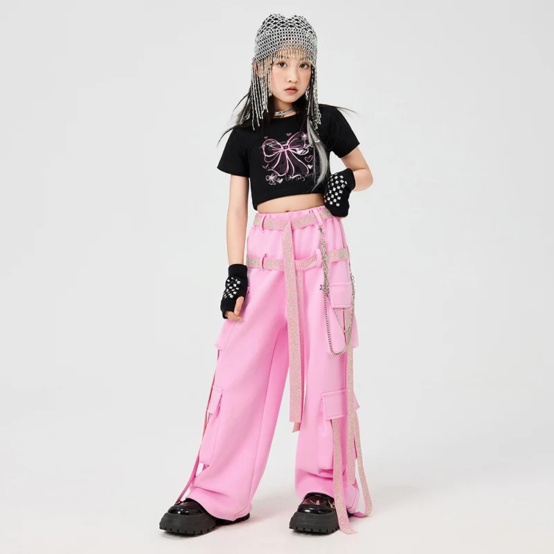 Meninas jazz dança desempenho roupas preto colheita topos rosa calças de carga linha cristal kpop street wear passarela concerto outfit 15960