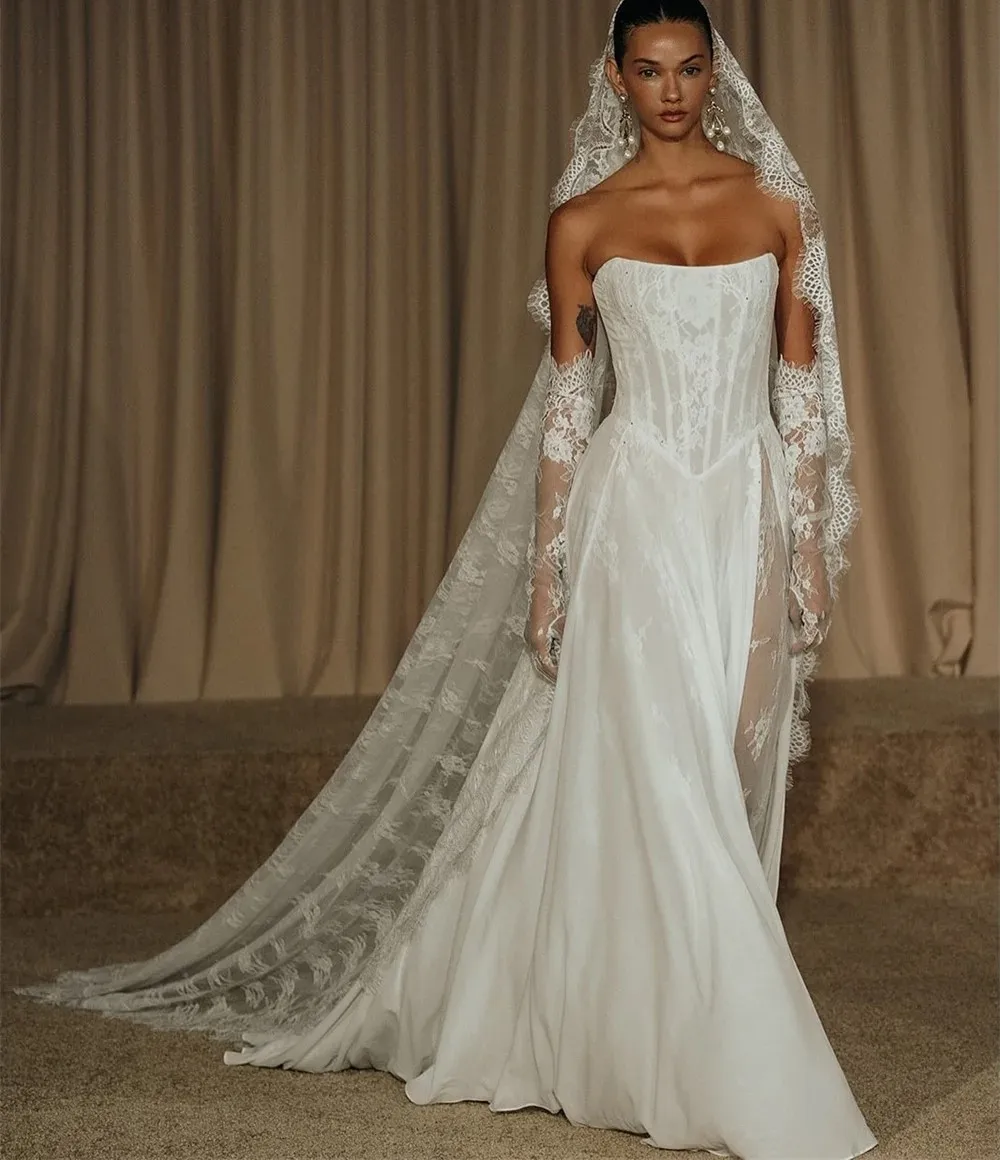 

Sexy Boho Lace Chiffon Wedding Dress 2026 Strapless Sleeveless Side High Split A-Line Bridal Bride Grown Vestidos De Noiva