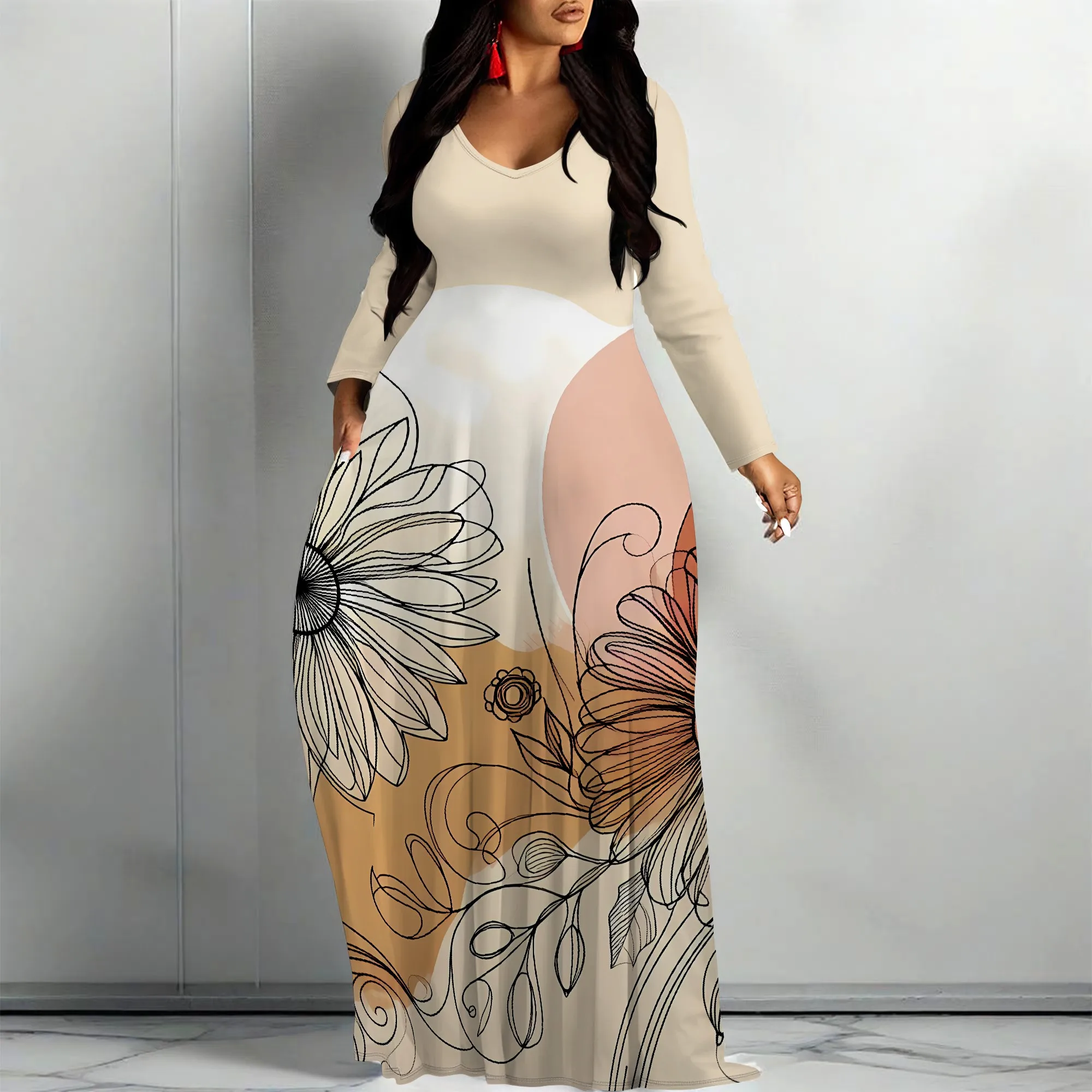 Nupusa Line Art Print Kleid für Damen, Standardgröße, Sommer, lässig, Rundhalsausschnitt, lange Ärmel, Maxikleid mit Taschen