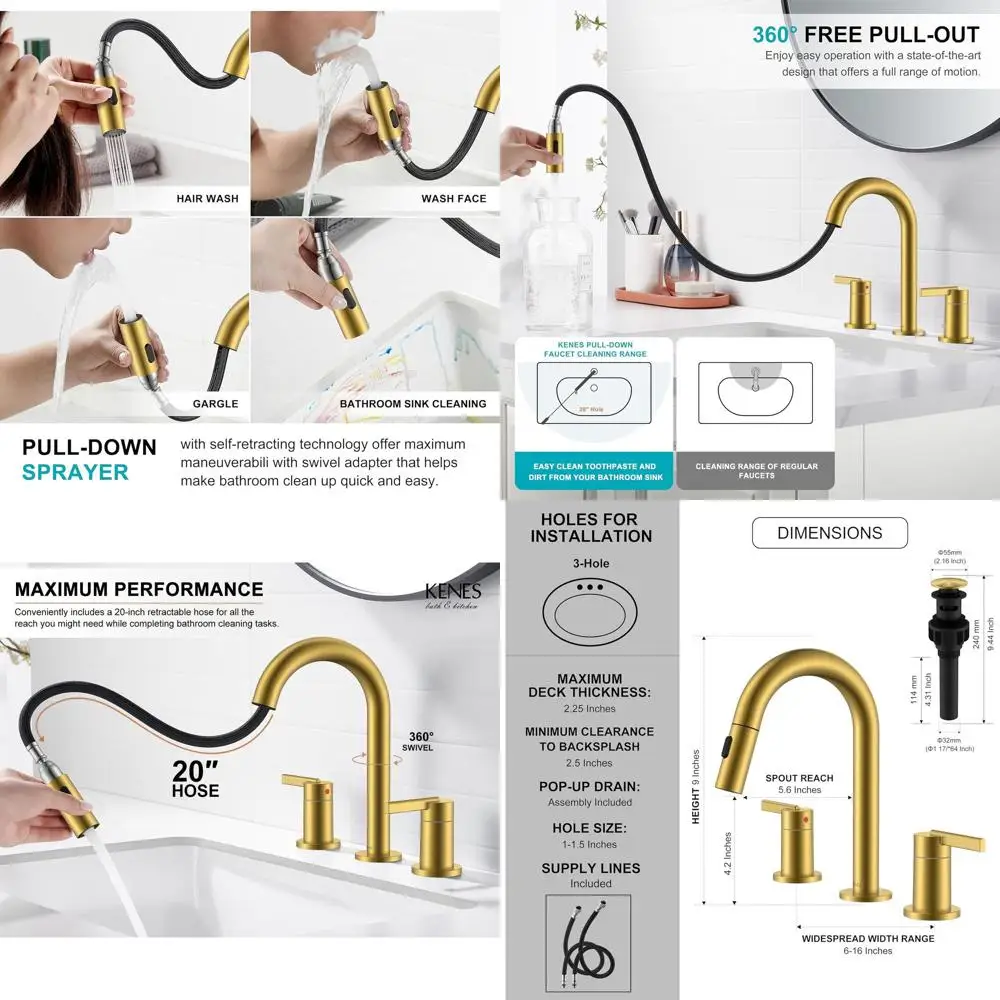 

8 Brushed Gold 2-Handle Widespread Bathroom Sink Faucet with Pull-Out Sprayer, Pop-Up Drain & Supply Lines