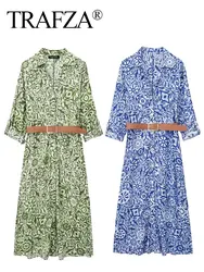 TRAFZA Women Fashion Floral Print Dress Vintage Long Sleeve Button Shirt Dress With Belt Summer Female Midi Dresses Streetwear