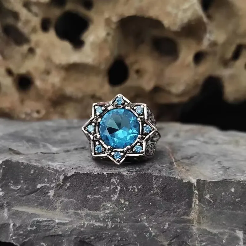 European and American retro fashion octagram shape round blue zircon inlaid personalized popular men\'s ring