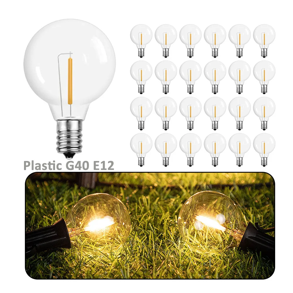 Plastic LED Filament Bulb E12 Screw Socket Shatterproof G40 220V 110V 1W Outdoor Globe Garland String Light Replacement Bulb