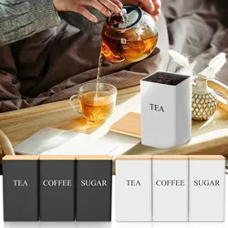 Kitchen Canister Set Coffee Sugar and Tea Storage Container Jars Metal with Bamboo Lid Square Black Snack Jars Kitchen 1000 ML