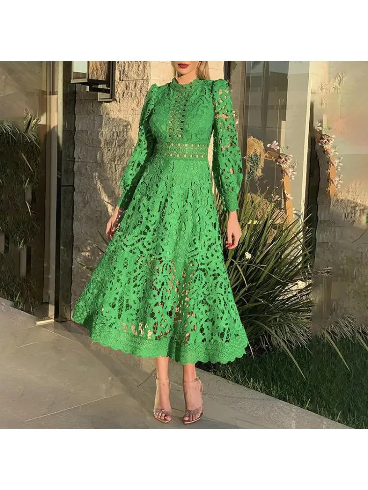 French Socialite Long Sleeve Dress Women\'s 2024 Autumn New Fashion Embroidery Hollow Out Women\'s X-Long Green Dresses