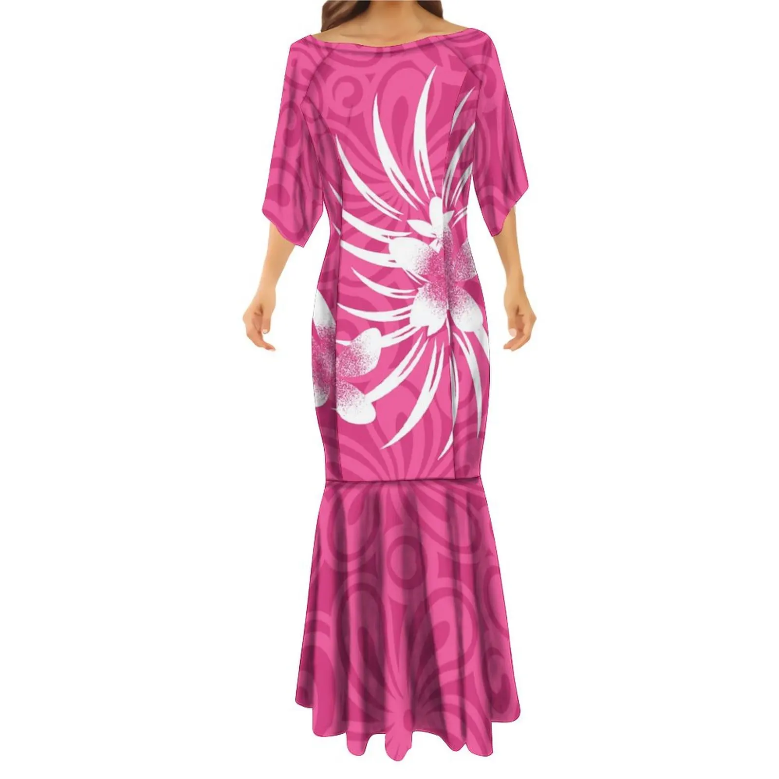 

Women'S Mid-Sleeved Fishtail Dress Party Elegant Maxi Polynesian Tribal Design Pattern Free Shipping