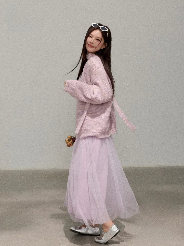 

Комплект для женщин больших размеров: фиолетовое платье и свитер с эффектом похудения, удобный, с высокой талией, длинными рукавами, V-образным вырезом, в стиле принцесса.