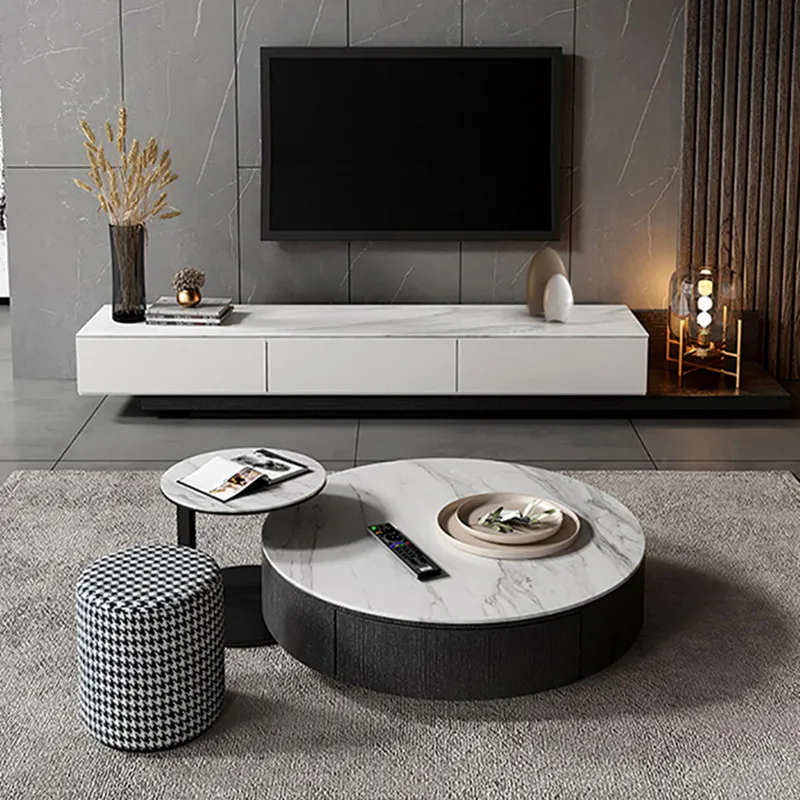 

Italian minimalist size round rock slab high and low coffee table TV cabinet combination modern simple living room
