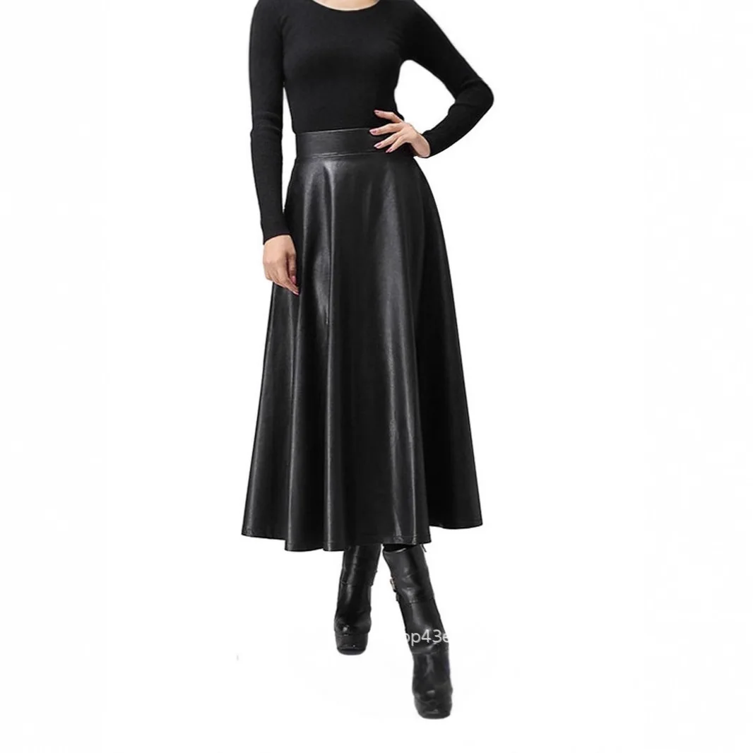 

2026 Early Spring Fashion Temperament High Waist Skirt Long Swing Leather Skirt Women