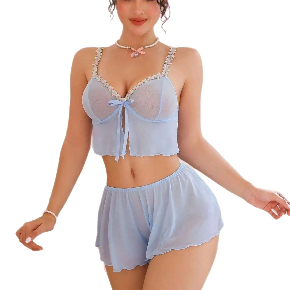 

Women's Lace Pajama Sets 2-Piece Sexy Perspective Sleeveless Cami Tank Top and Shorts Pj Set Matching Suit Sleepwear