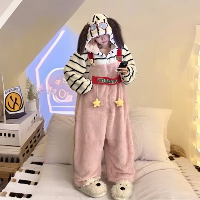 Niedlicher Peanuts Snoopy Kapuzen-Onesie-Pyjama für Damen, Winter, dickes Korallenfleece, flauschig, warm, mit Reißverschluss, Cartoon-Loungewear, Schlafanzug für Zuhause
