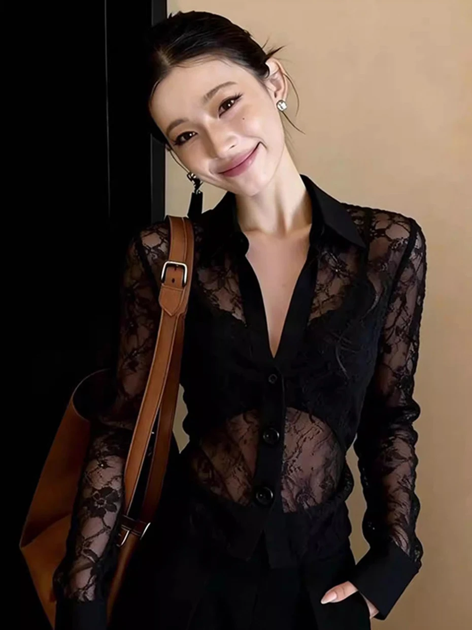 

2026 New Black Lace Base Shirt Spring Unique Pure Desire Sexy Collar Women's Long Sleeve Top Korean Style Slim Fit