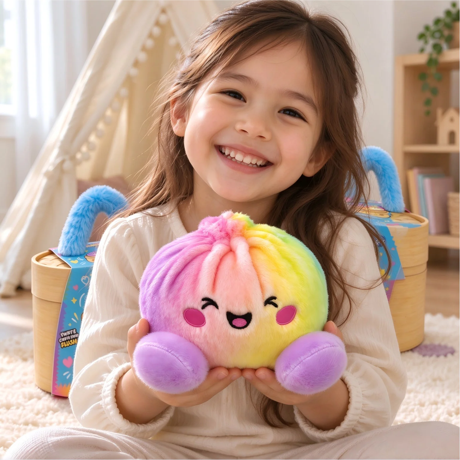 Cute Rainbow Bao Bun Plush Toy with Steamer Box Soft Fluffy Stuffed Dumpling Doll Kawaii Stress Relief Fidget Toy Kids Birthday