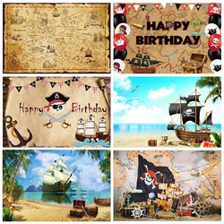 Pirate Backdrops banner For Photo Old Treasure World Map happy Birthday Party Baby Portrait Photographic Background