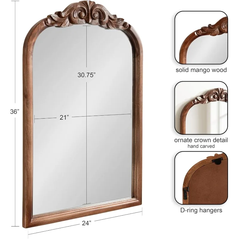 Arendahl Traditional Arch Wall Mirror, 24 X 36,Vintage Baroque-Inspired Wooden Arched Bathroom Mirror