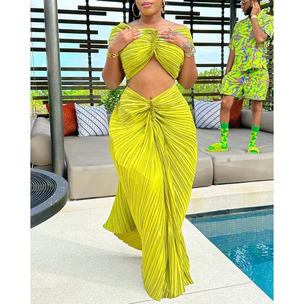 Women Solid Pleated Off Shoulder Crop Top & Midi Skirt Sets Female Summer Two Pieces Cami Top Long Skirts Suit Dress Set