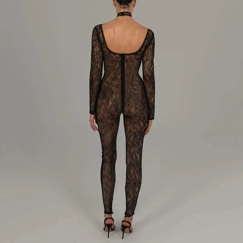 Sheer Lace Hollow Out Sexy Jumpsuits Zip Up Backless Outfits Women Unitards Square Neck Romper Overalls One Piece