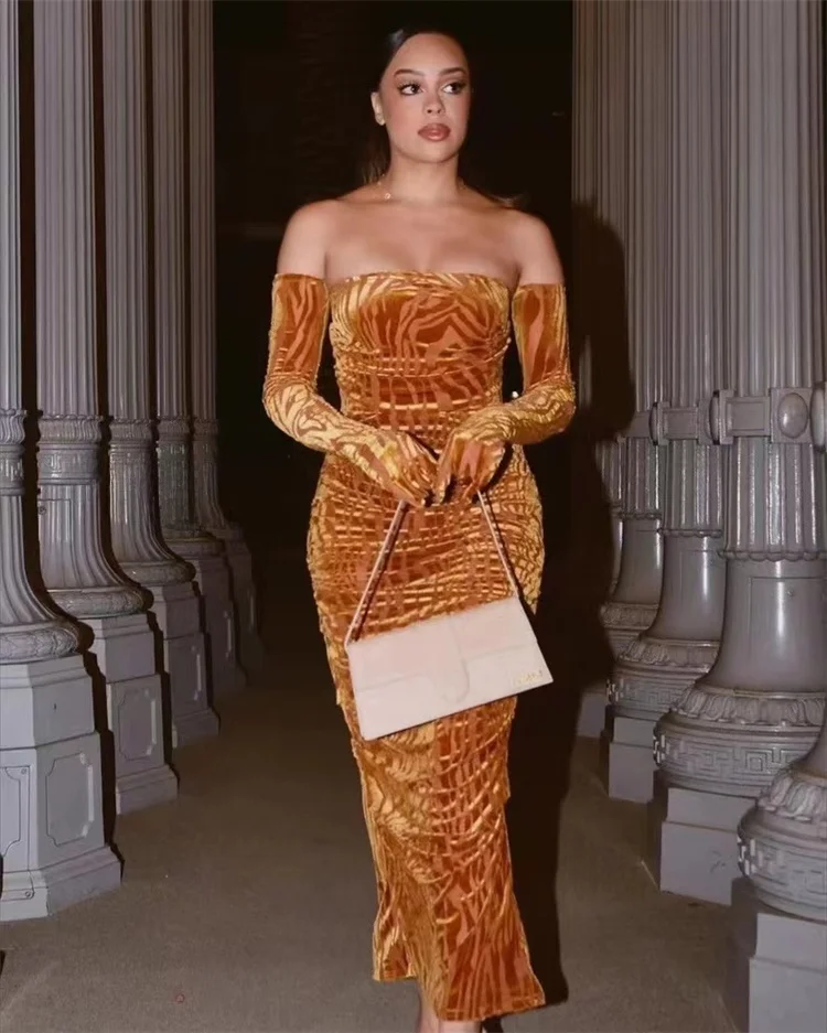 Susan Original ZP Sexy Bruin Fluwelen Bodycon Dr Handschoenen Dames Lange Sve Lente Zomer Pure Kleur Woon-werkverkeer