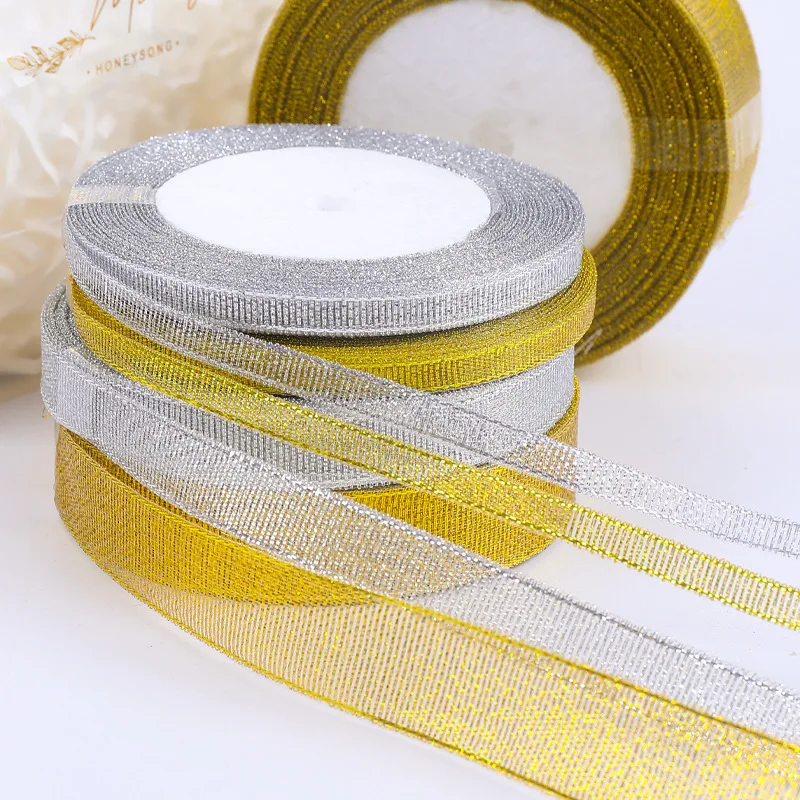 25 Yards/Lot 6mm-40mm Gold Silber Glitzerband für DIY Schleifen, Bastelarbeiten, Geschenkverpackungen, Hochzeits- und Weihnachtsdekoration, Nähzubehör – Detail 2