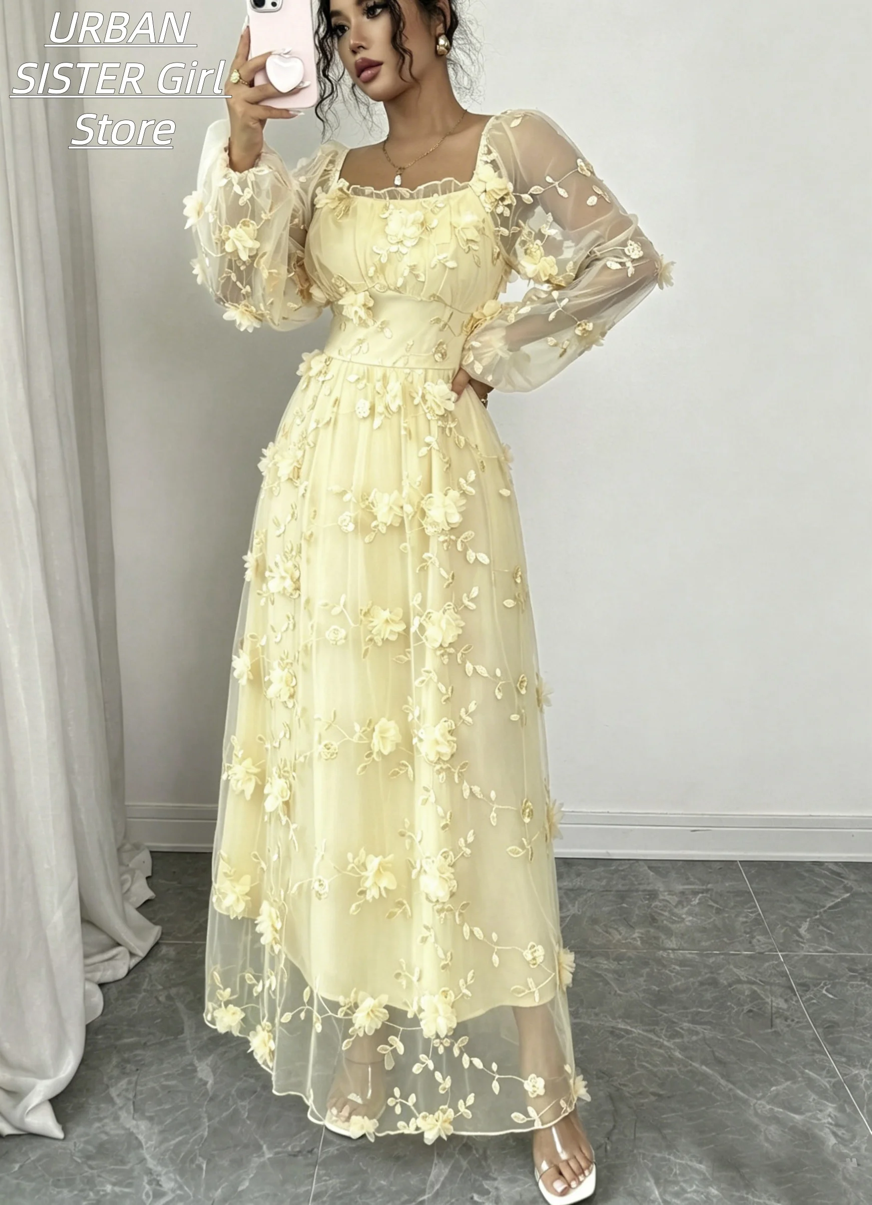 Light Goose Yellow Ruffled Squ - đánh giá và giá Embroidery Yellow Dress