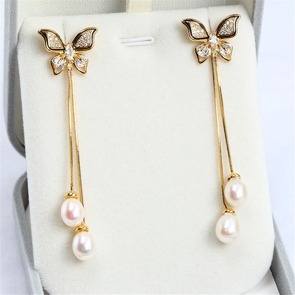 

S925 Silver Needle Domestic 14k Gold-plated Fairy Butterfly Tassel Pearl Zircon DIY Empty Stud Earrings Female