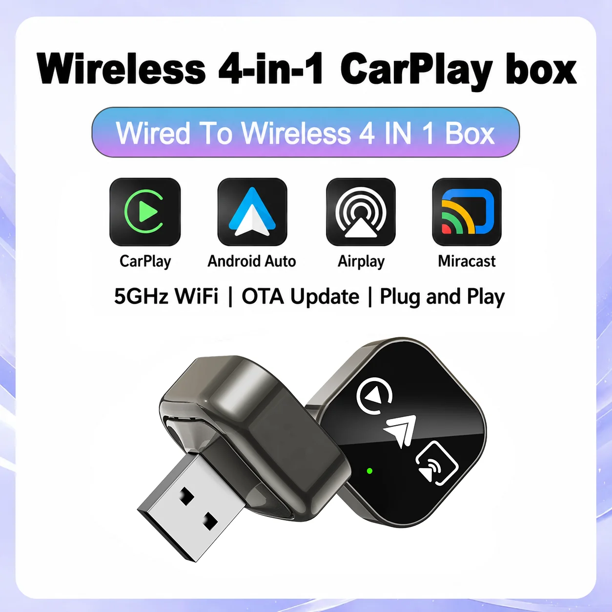 2026 업그레이드 4 in 1 CarPlay 안드로이드 오토 에어플레이 무선 어댑터 미러링크 스마트 USB 동글 (볼보, 벤츠, MG, 기아, 토요타용)