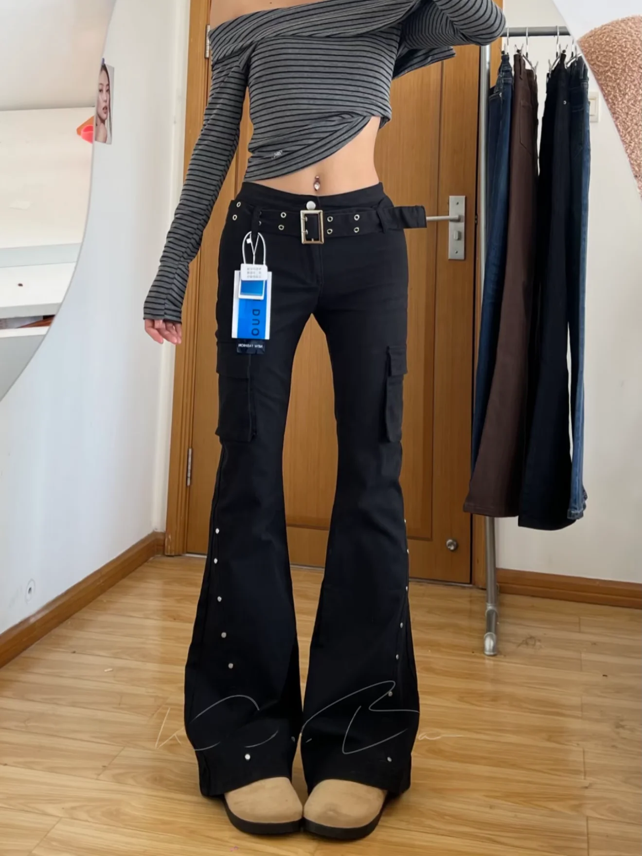 

Low Waist Bell Bot Denim Jeans Women's Faionable Retro Design Lemon Print High Elastici Cotton Stretch Denim Pants