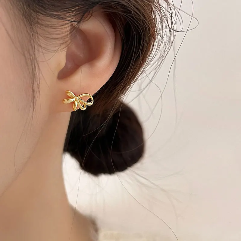 New Simple Metal Bowknot Stud Earrings for Women Korea Gold Silver Color Small Dairly Earring Boucles D\'oreilles Fashion Jewelry