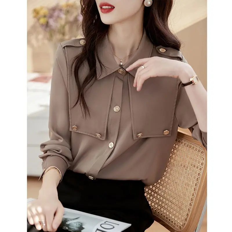 Chiffon Shirt Women\'s Long Sleeved Design Has a Niche and Drooping Feeling with a Western Style That Covers the Stomach The Top