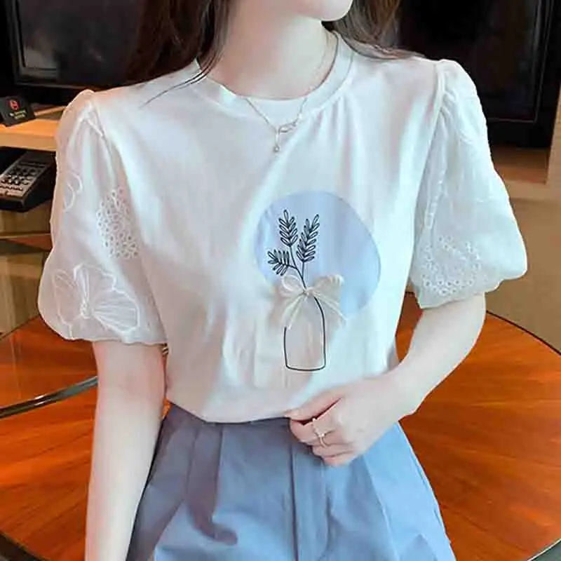 New Splicing Lace Short Sleeve Women\'s T-shirts Cotton Casual Summer White Women Tshirts Sweet Woman Tops Floral Clothes 8545