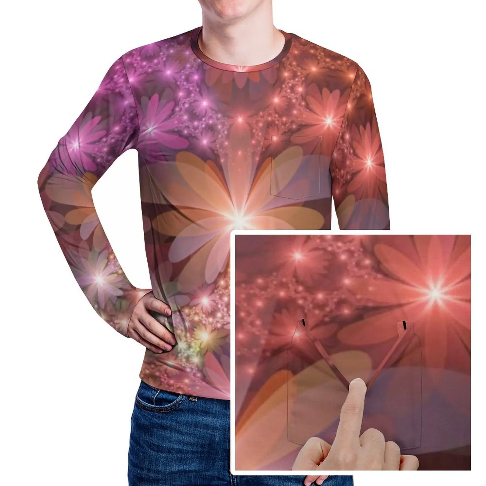 Shiny Floral Print T-Shirt Autumn Fractal Art Fun T-Shirts Man Novelty Graphic Tee Shirt Plus Size