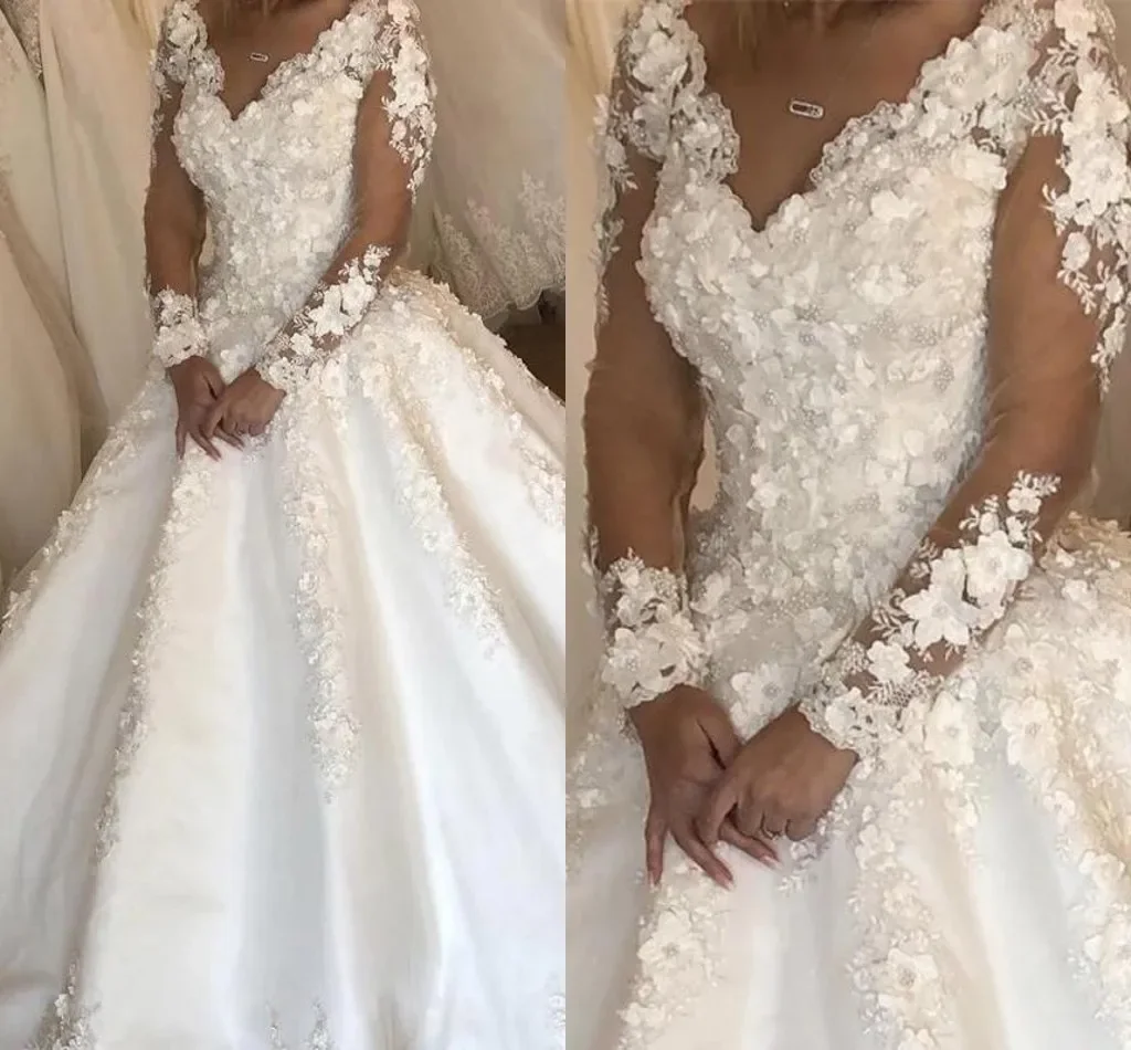 Customized  V Neck Ball Gown 3 D Floral Appliques Wedding Dresses Sweep Train Long Sleeves Arabic Dubai Church Bridal Gowns