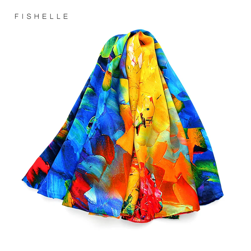 Oil painting Blue yellow real silk women long scarves big wrap spring summer bandana scarf hijab beach shawl luxury ladies gift