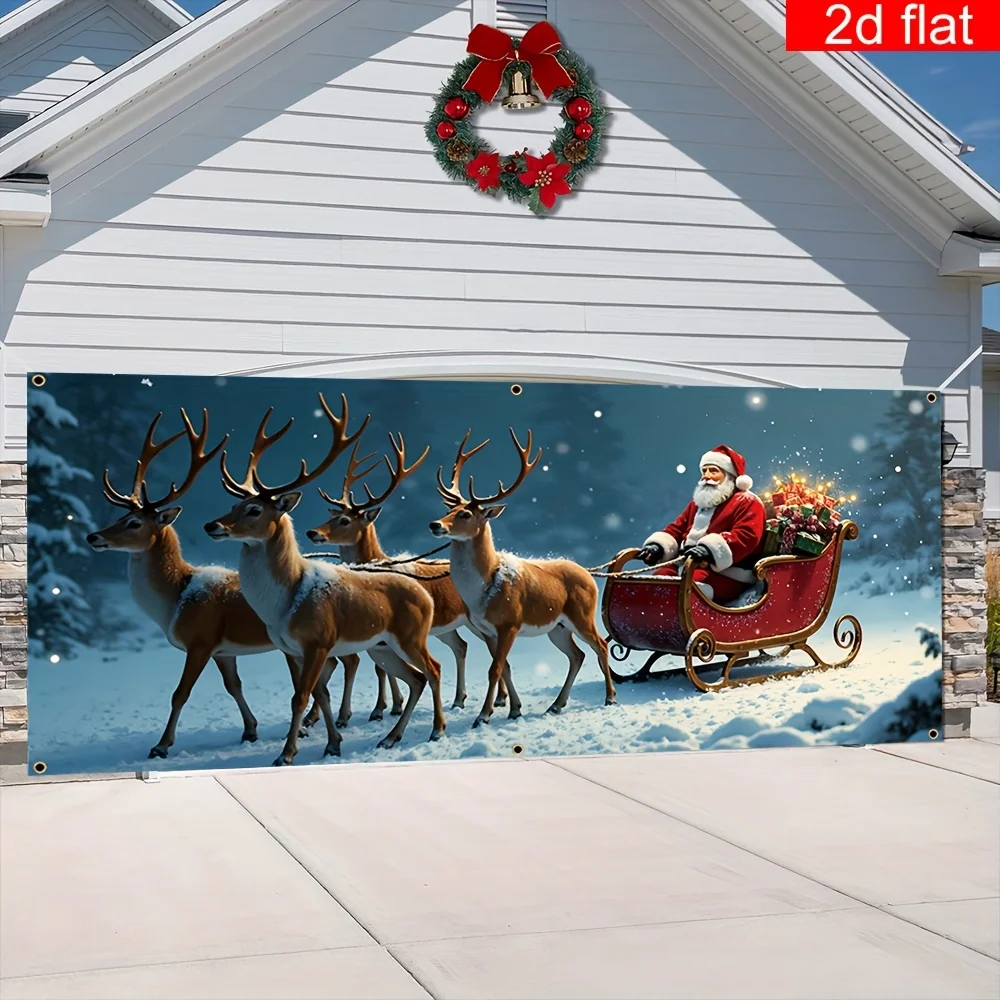 2D flaches 1-Polyester-Weihnachtsgaragenbanner – Weihnachtsmann- und Rentier-Design, geeignet für die Weihnachtsabend-Party-Dekoration